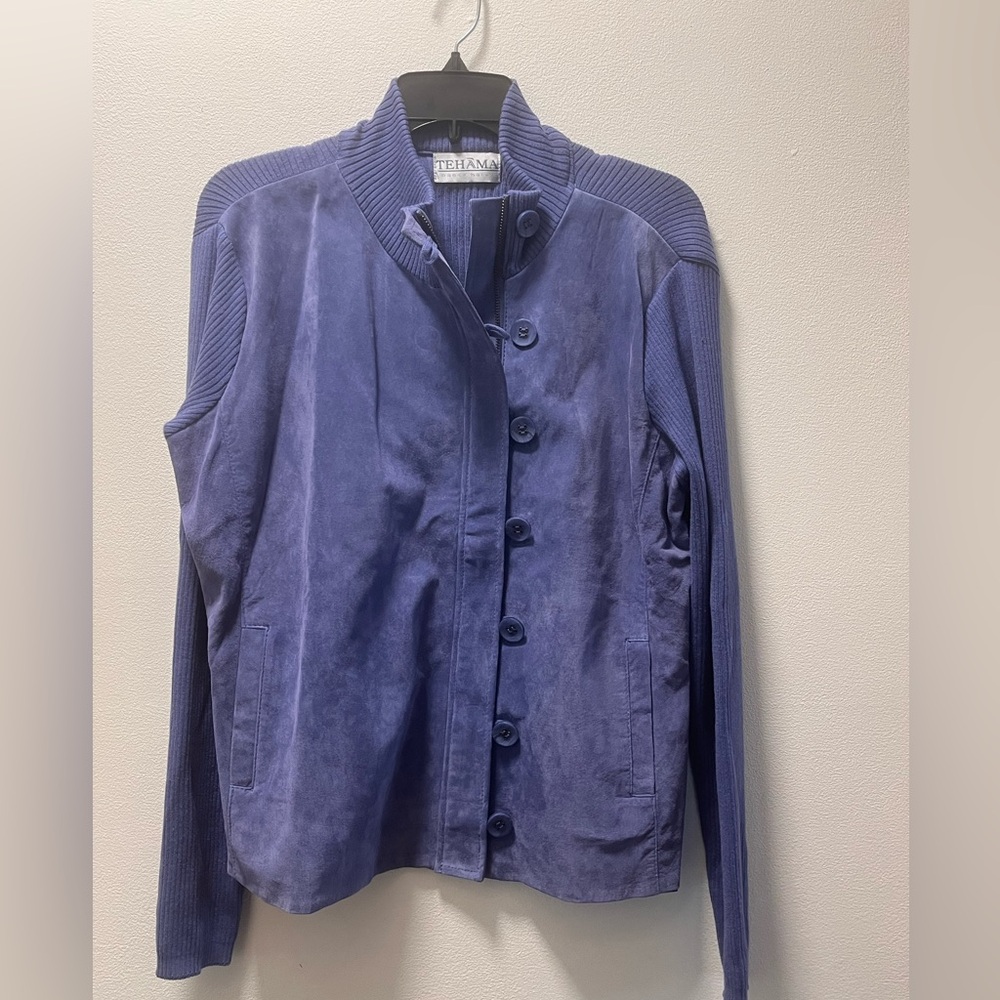 Tehama Nancy Haley Classic Chic Savvy Suede Front Sweater Jacket, Sz L, Amethyst